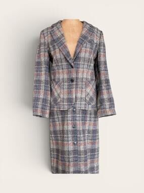 VTG Evan Picone Gray Plaid Wool Blend Two Piece Skirt Suit - Sz S